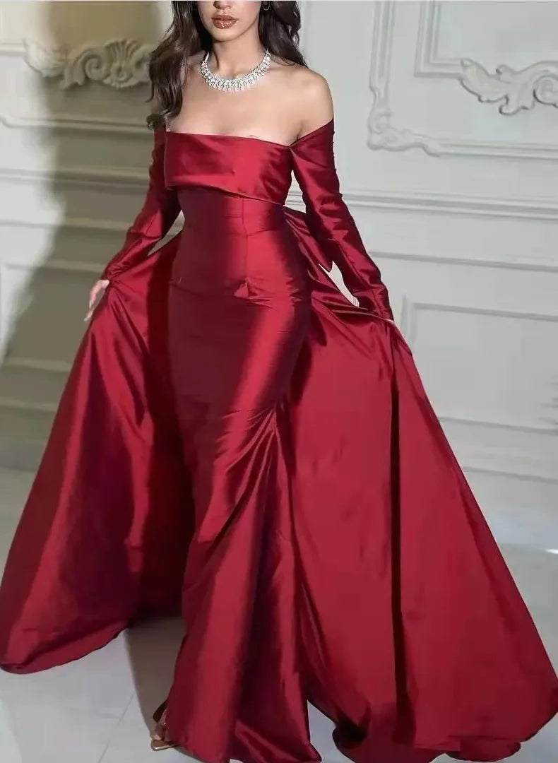 Simple Sheath/Column Off the Shoulder Long Sleeves Bow Satin Floor-Length Evening Dress