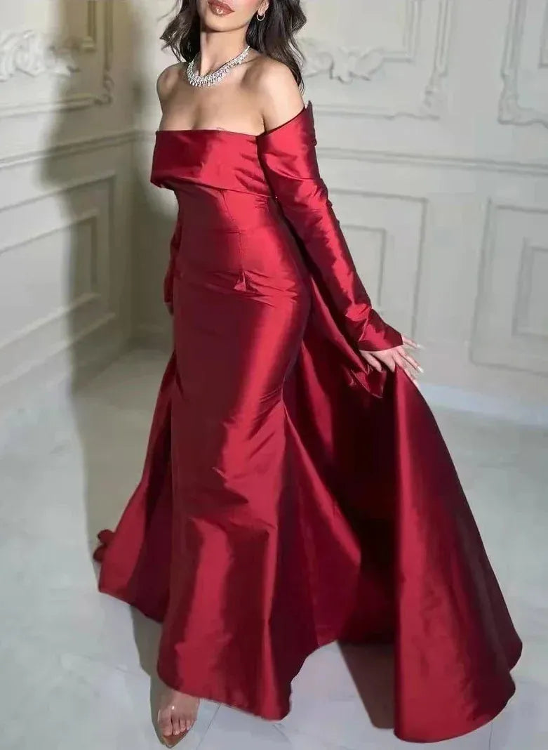 Simple Sheath/Column Off the Shoulder Long Sleeves Bow Satin Floor-Length Evening Dress