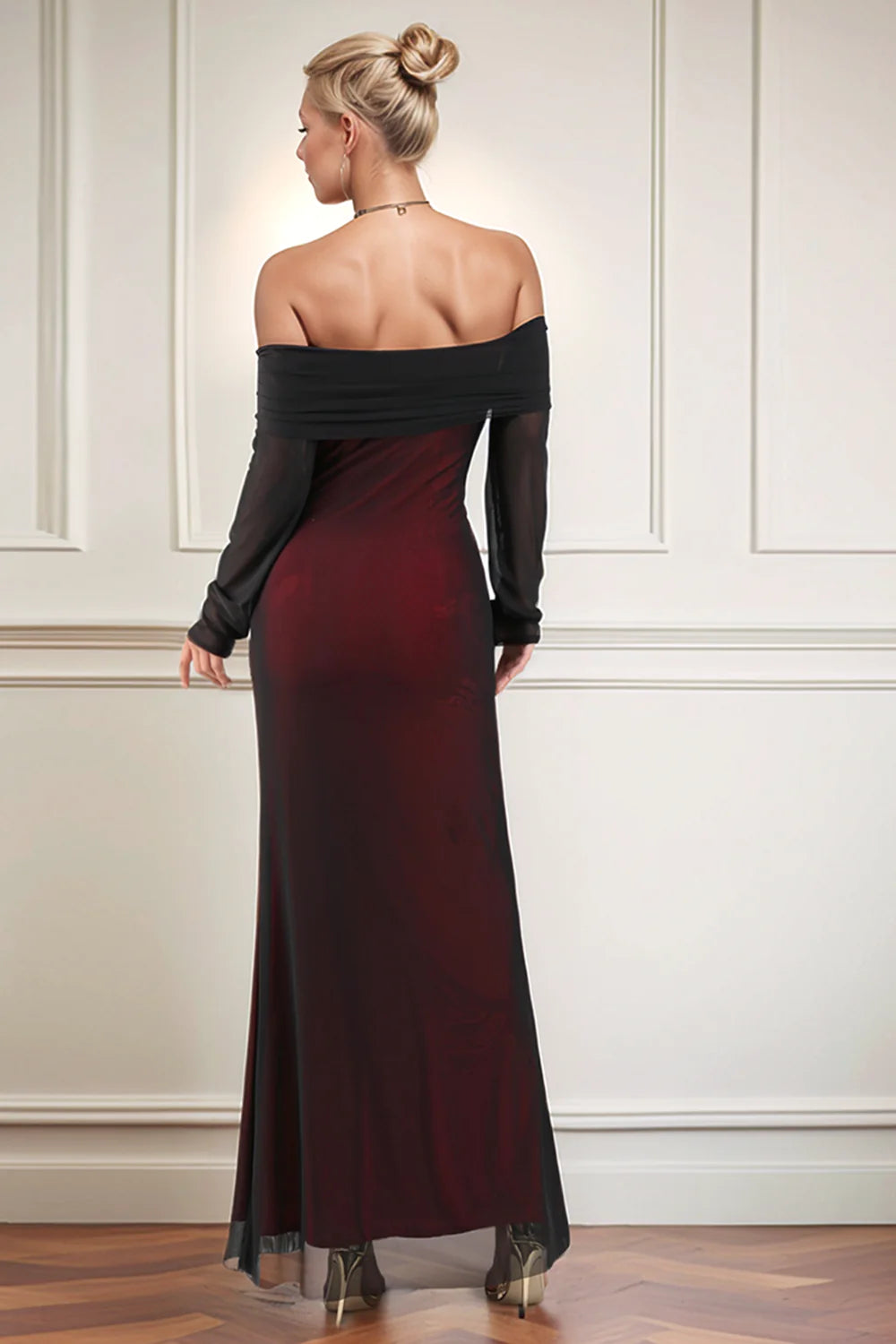 Simple Sheath/Column Off the Shoulder Long Sleeves Tulle Floor-Length Prom Dress