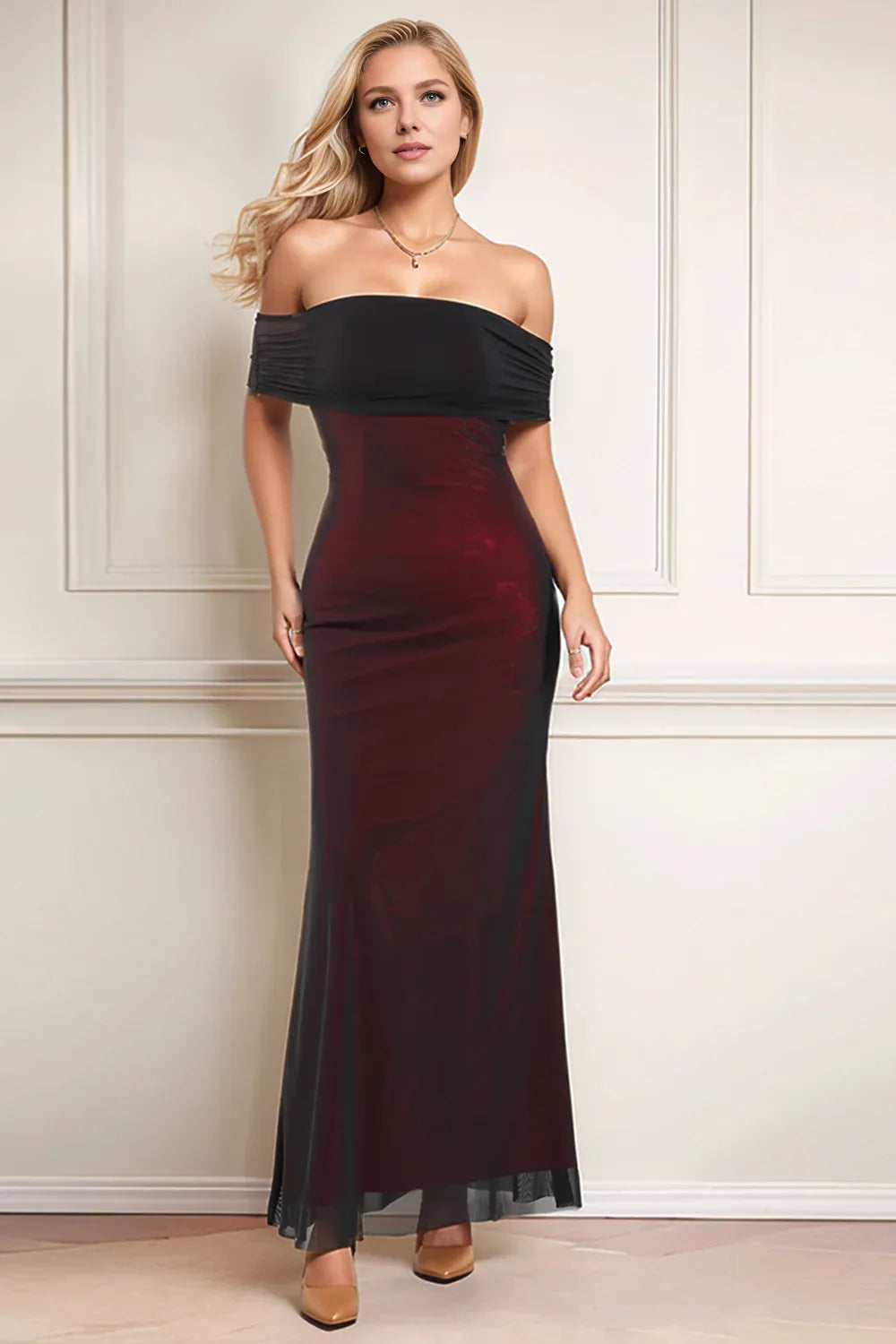 Simple Sheath/Column Off the Shoulder Long Sleeves Tulle Floor-Length Prom Dress