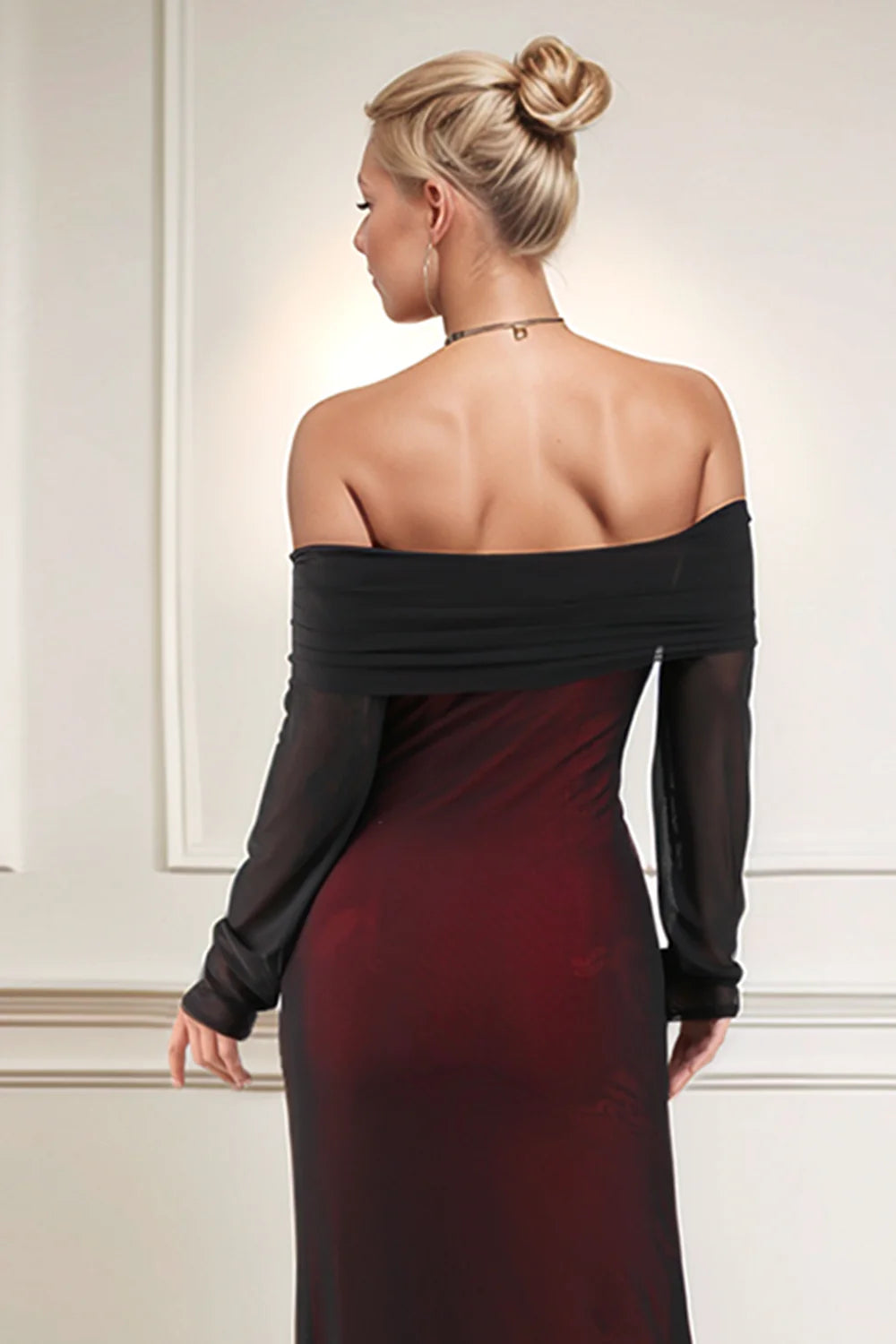 Simple Sheath/Column Off the Shoulder Long Sleeves Tulle Floor-Length Prom Dress
