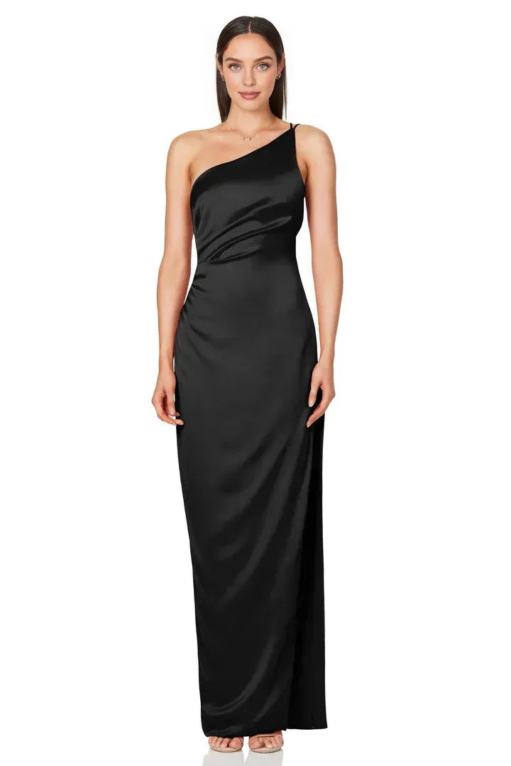 Simple Sheath/Column One Shoulder Sleeveless Satin Floor-Length Prom Dress