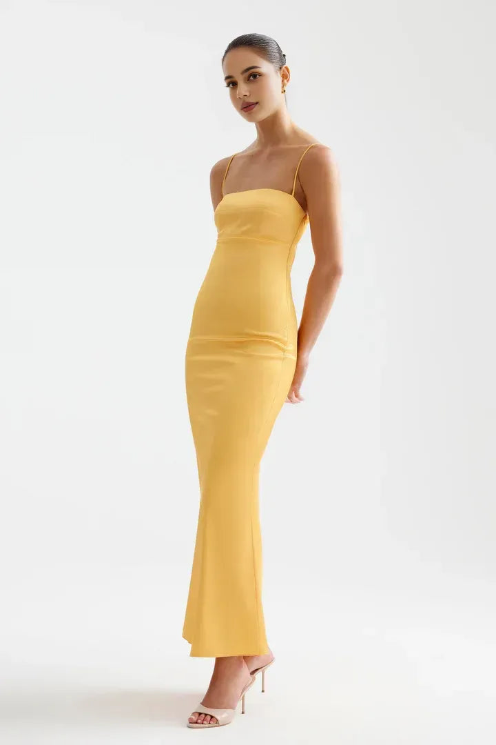 Simple Sheath/Column Spaghetti Straps Sleeveless Backless Ankle-Length Evening Dress