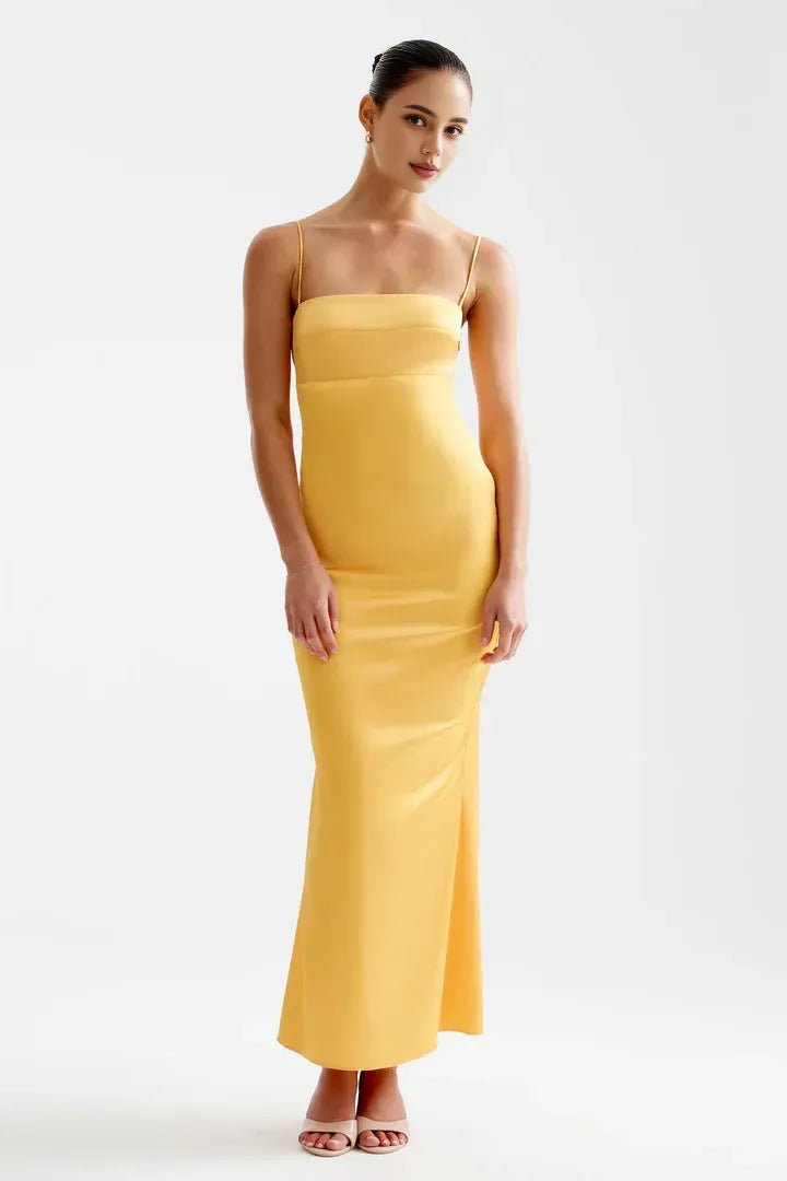 Simple Sheath/Column Spaghetti Straps Sleeveless Backless Ankle-Length Evening Dress