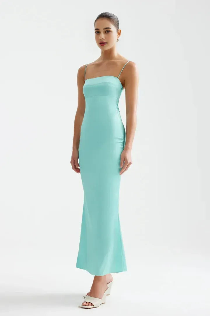 Simple Sheath/Column Spaghetti Straps Sleeveless Backless Ankle-Length Evening Dress