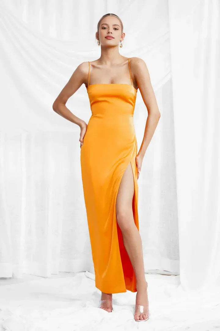 Simple Sheath/Column Spaghetti Straps Sleeveless Satin Ankle-Length Prom Dress