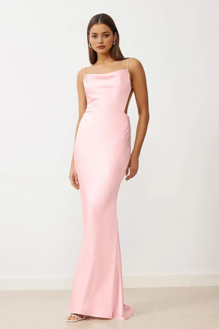 Simple Sheath/Column Spaghetti Straps Sleeveless Satin Floor-Length Prom Dress