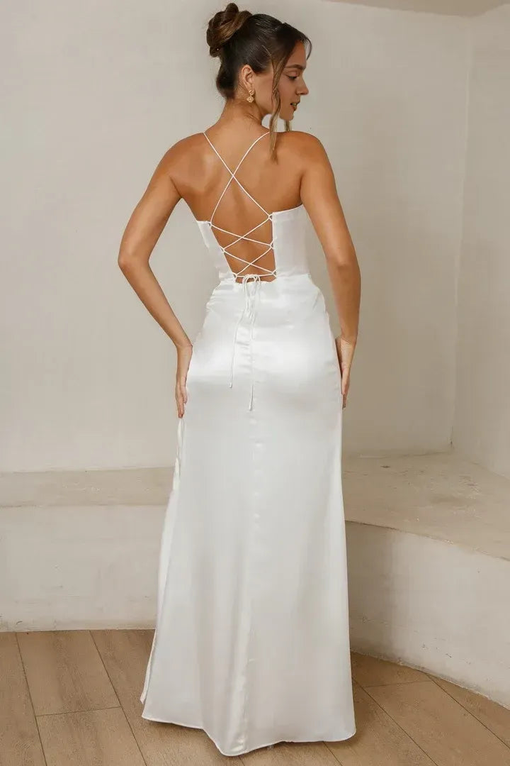 Simple Sheath/Column Spaghetti Straps Sleeveless Satin Floor-Length Wedding Dress