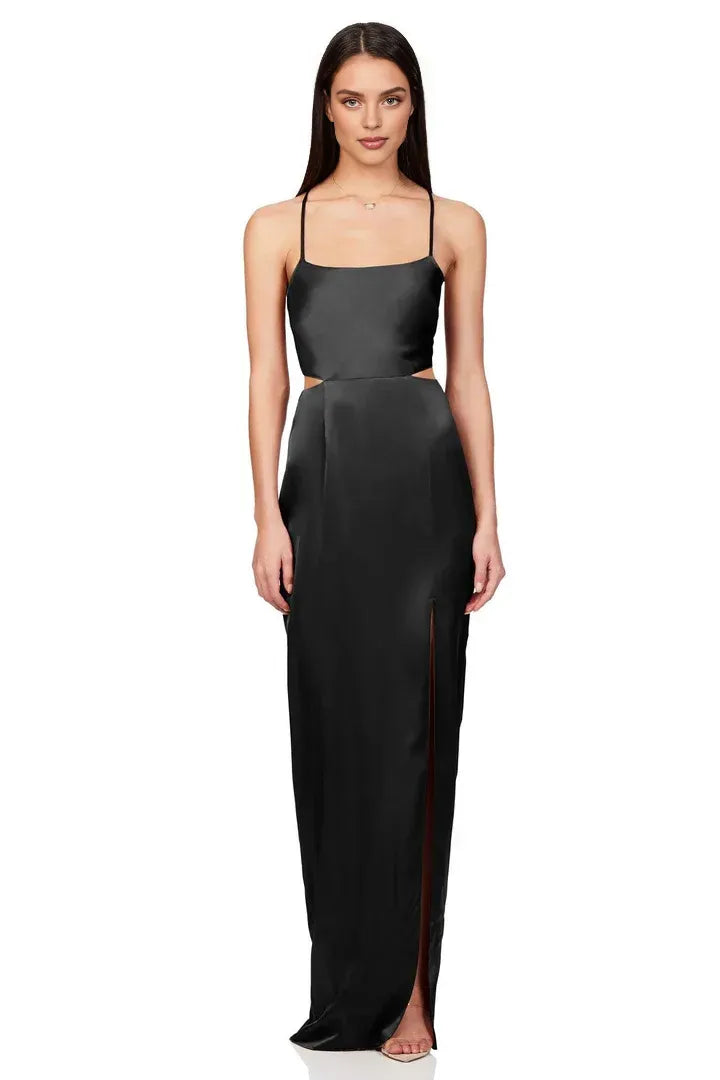 Simple Sheath/Column Square Neck Sleeveless Satin Floor-Length Prom Dress