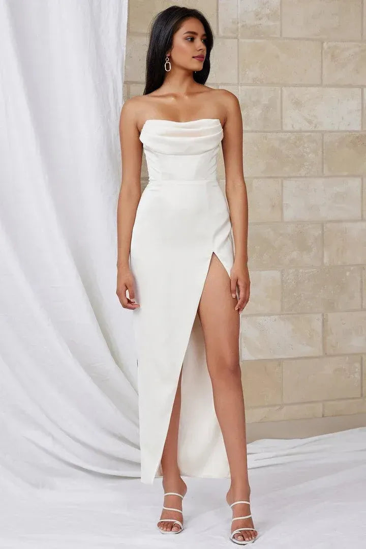 Simple Sheath/Column Strapless Sleeveless Satin Ankle-Length Prom Dress
