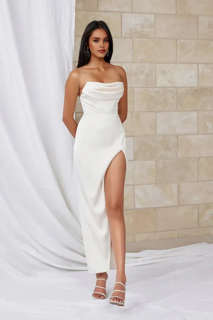Simple Sheath/Column Strapless Sleeveless Satin Ankle-Length Prom Dress