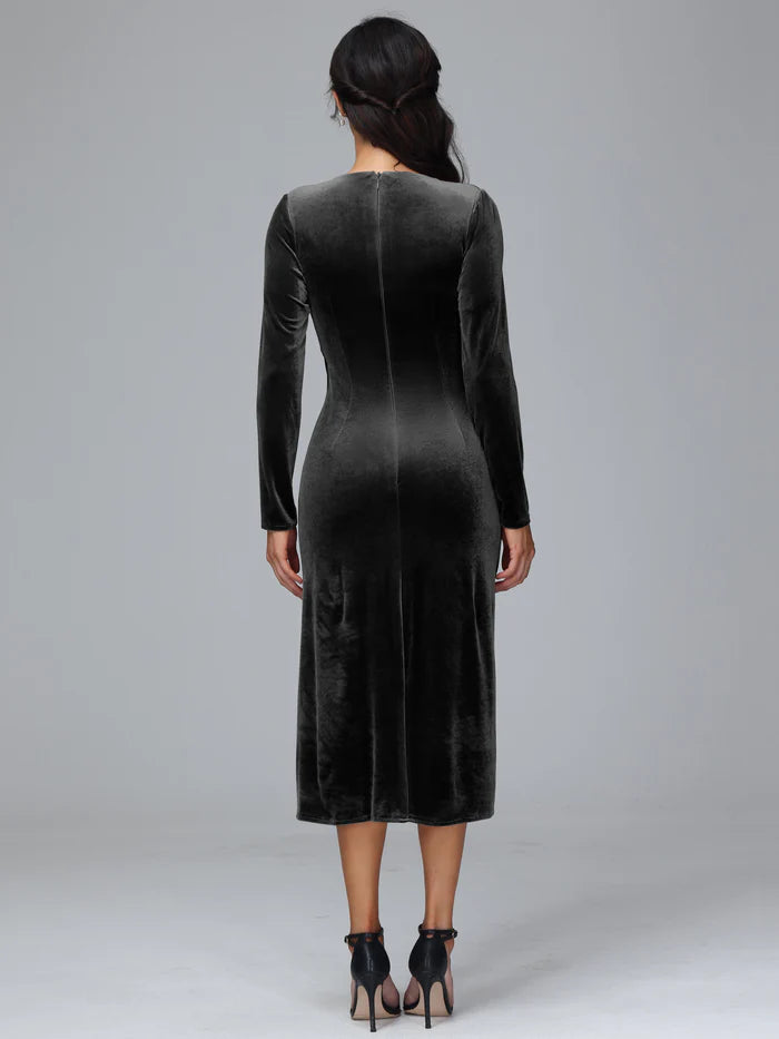 Simple Sheath/Column V Neck Long Sleeves Velvet Tea Length Mother of the Bride Dress