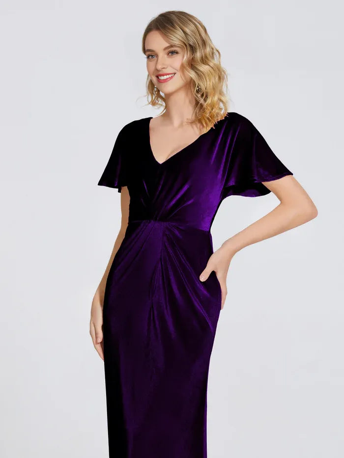 Simple Sheath/Column V Neck Short Sleeves Velvet Floor Length Mother of the Bride Dress
