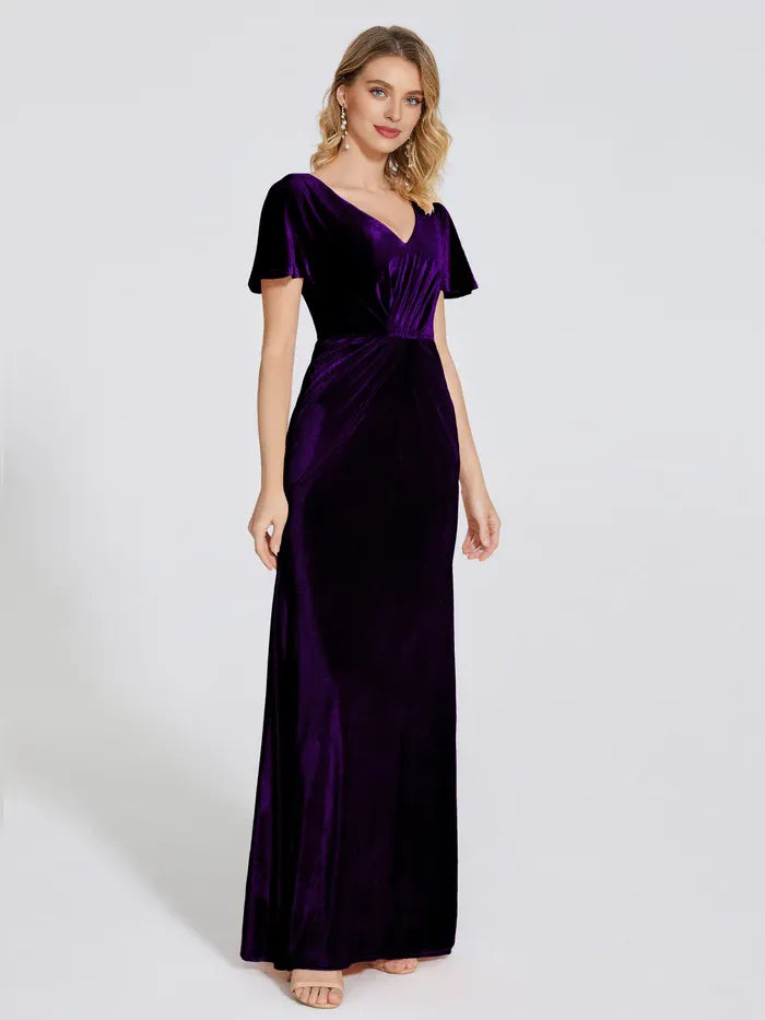 Simple Sheath/Column V Neck Short Sleeves Velvet Floor Length Mother of the Bride Dress