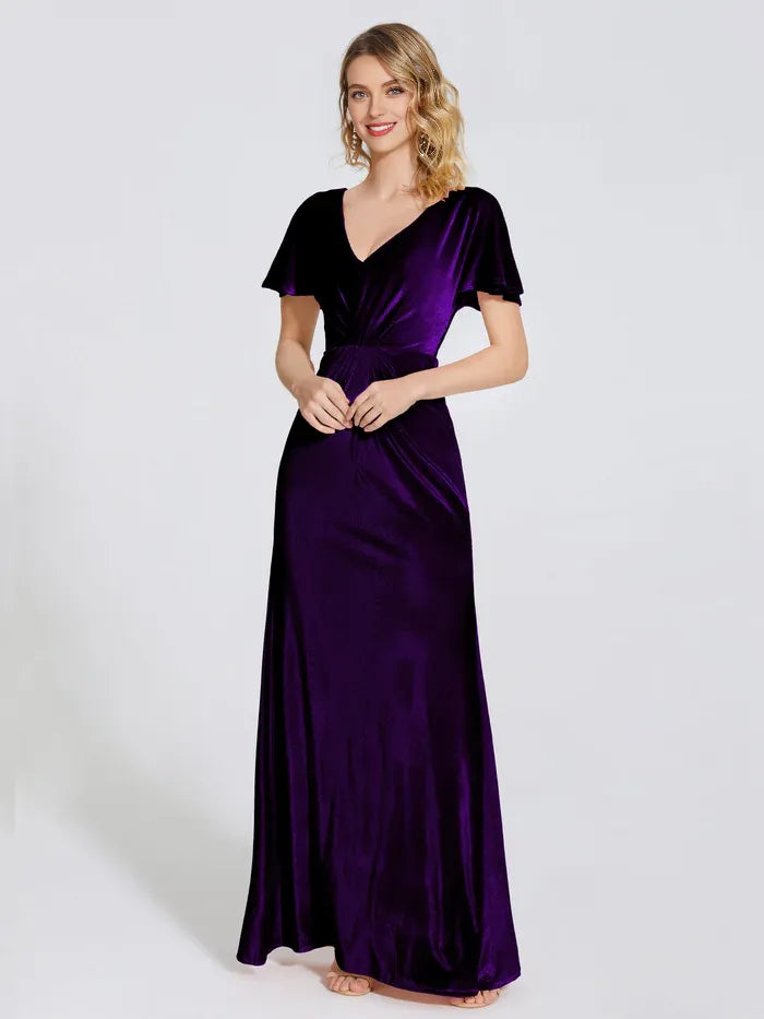 Simple Sheath/Column V Neck Short Sleeves Velvet Floor Length Mother of the Bride Dress