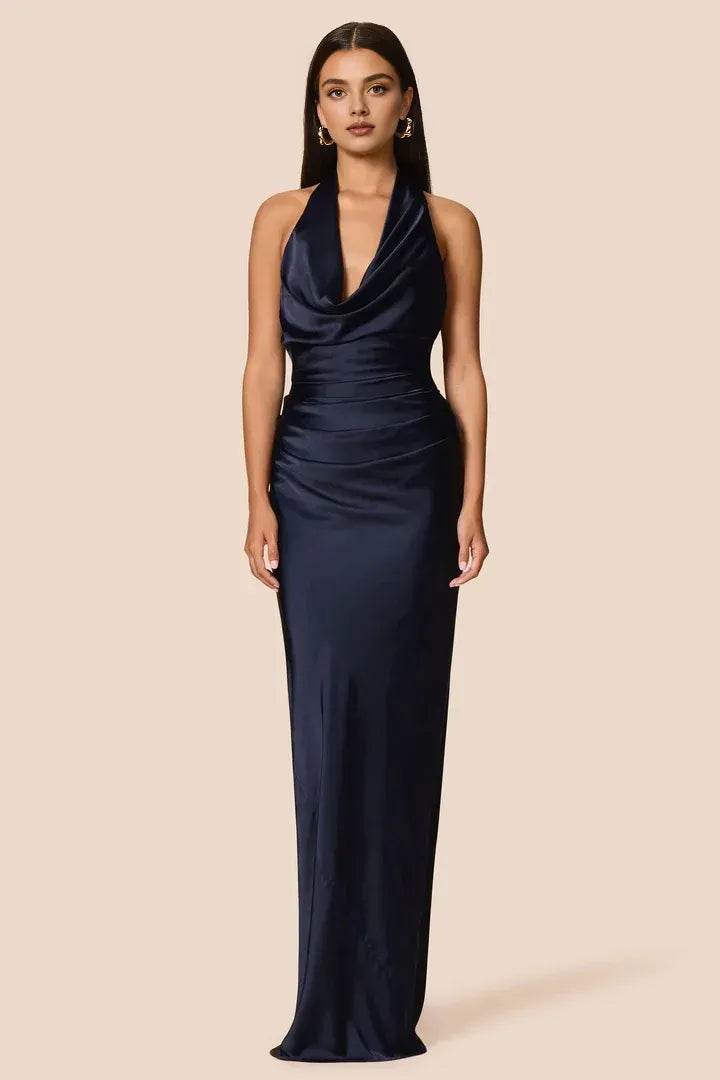 Simple Sheath Halter Cowl Neck Sleeveless Satin Floor-Length Prom Dress