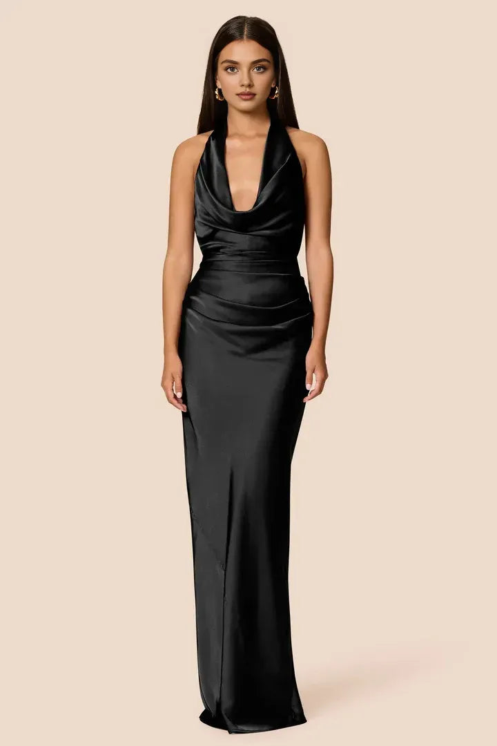 Simple Sheath Halter Cowl Neck Sleeveless Satin Floor-Length Prom Dress