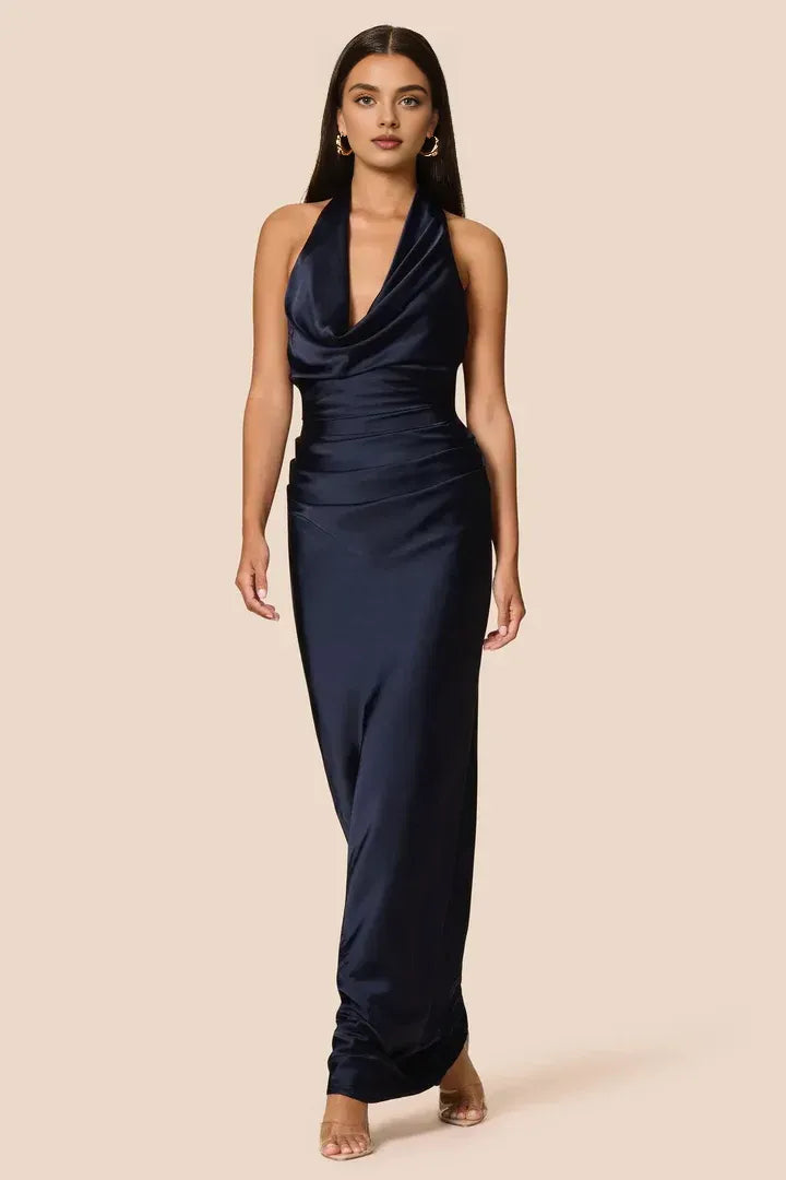 Simple Sheath Halter Cowl Neck Sleeveless Satin Floor-Length Prom Dress
