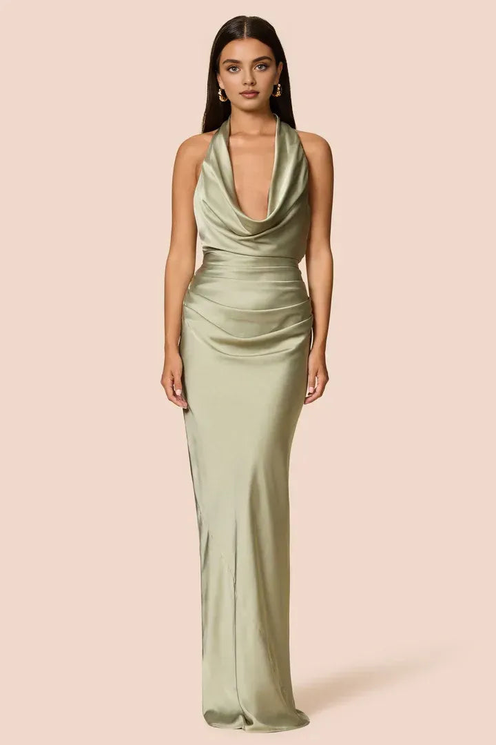 Simple Sheath Halter Cowl Neck Sleeveless Satin Floor-Length Prom Dress