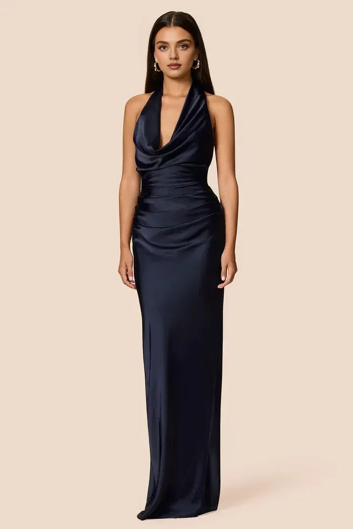 Simple Sheath Halter Cowl Neck Sleeveless Satin Floor-Length Prom Dress