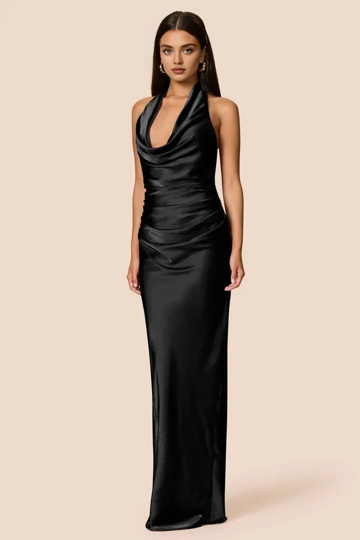 Simple Sheath Halter Cowl Neck Sleeveless Satin Floor-Length Prom Dress