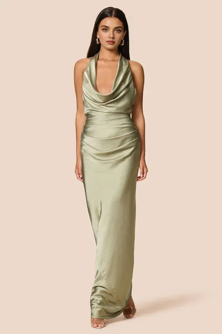 Simple Sheath Halter Cowl Neck Sleeveless Satin Floor-Length Prom Dress