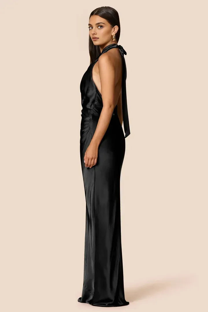 Simple Sheath Halter Cowl Neck Sleeveless Satin Floor-Length Prom Dress