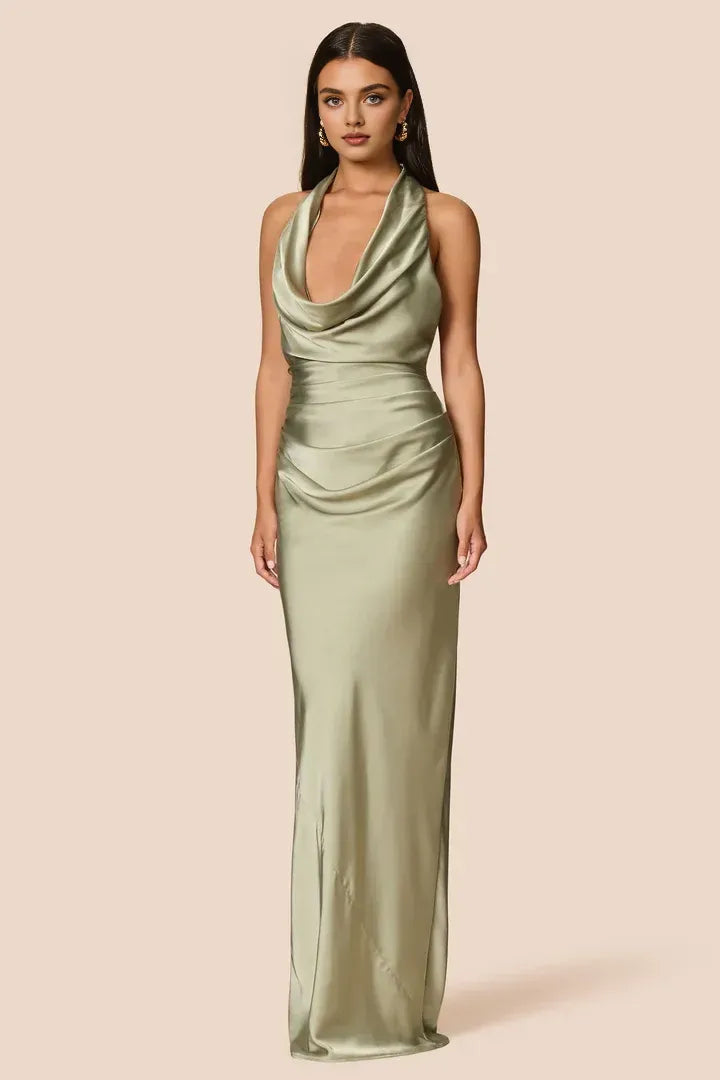 Simple Sheath Halter Cowl Neck Sleeveless Satin Floor-Length Prom Dress