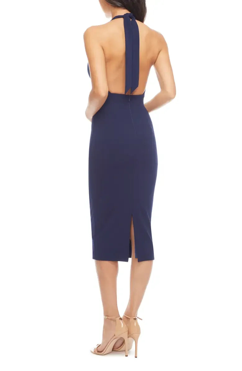 Simple Sheath Halter Neck Sleeveless Backless Tea-Length Prom Dress