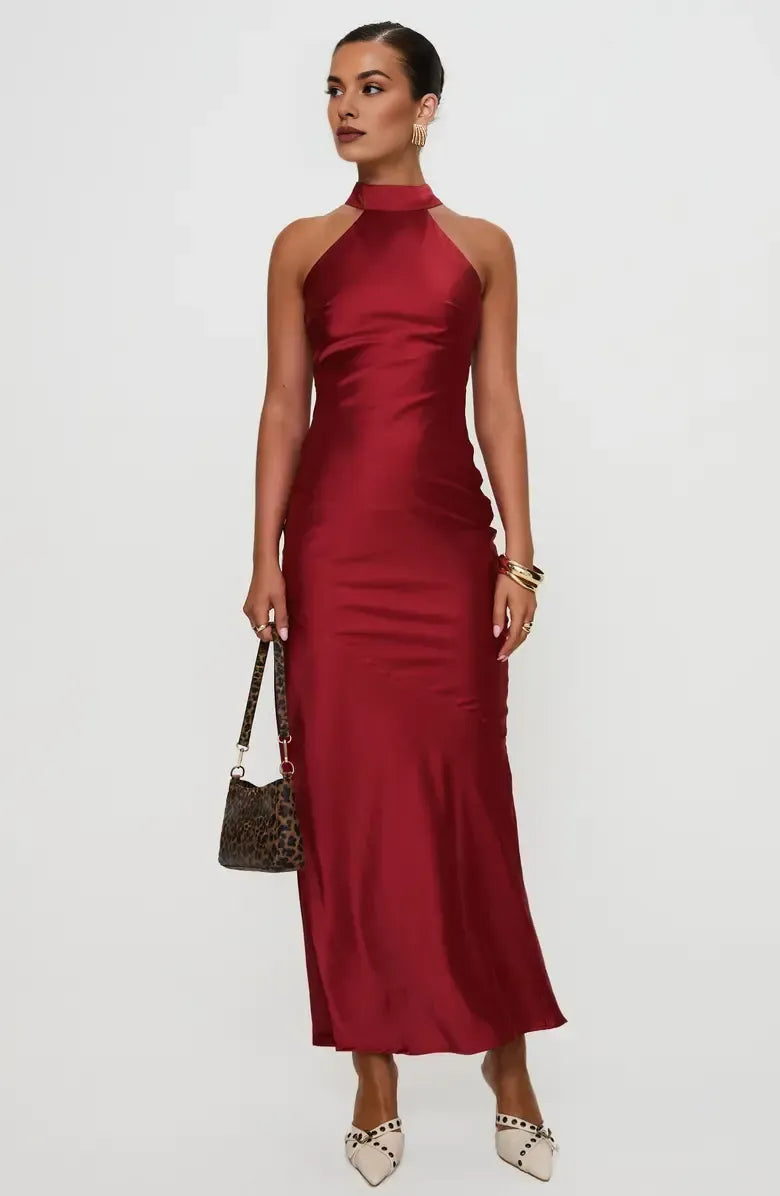 Simple Sheath Halter Neck Sleeveless Satin Ankle-Length Prom Dress