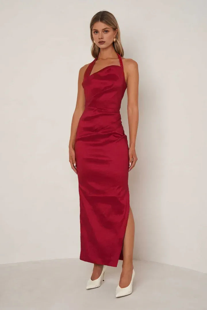 Simple Sheath Halter Neck Sleeveless Satin Ankle-Length Prom Dress