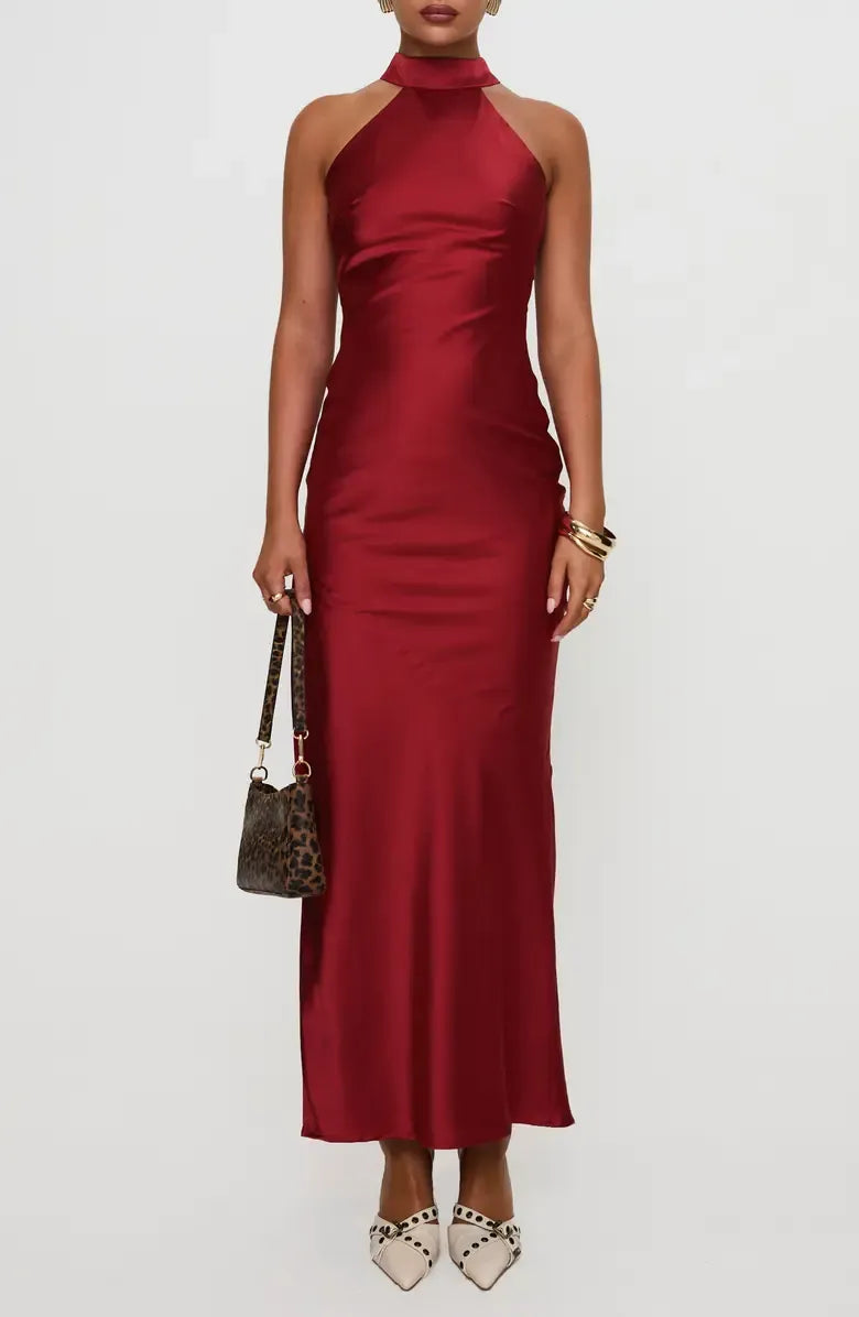 Simple Sheath Halter Neck Sleeveless Satin Ankle-Length Prom Dress