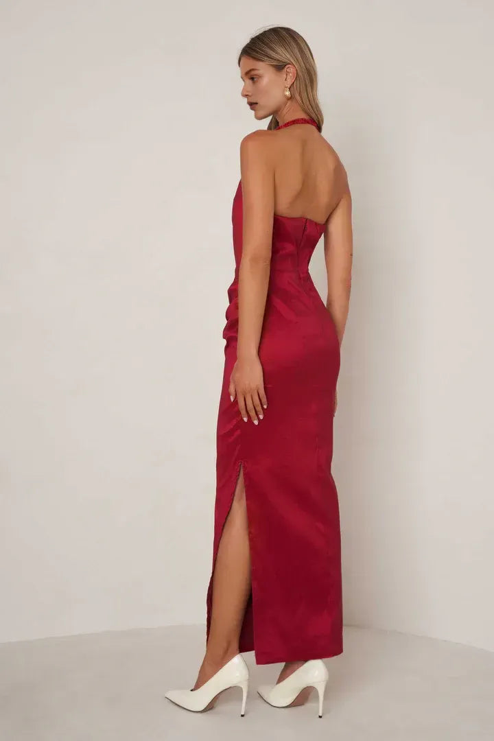 Simple Sheath Halter Neck Sleeveless Satin Ankle-Length Prom Dress