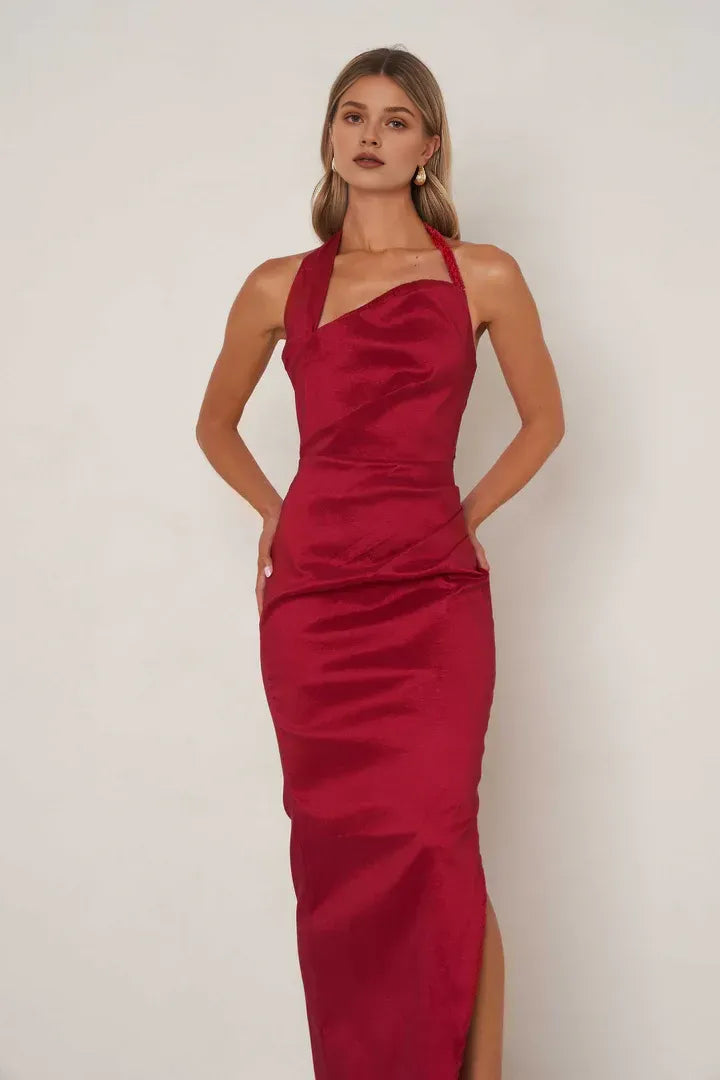 Simple Sheath Halter Neck Sleeveless Satin Ankle-Length Prom Dress