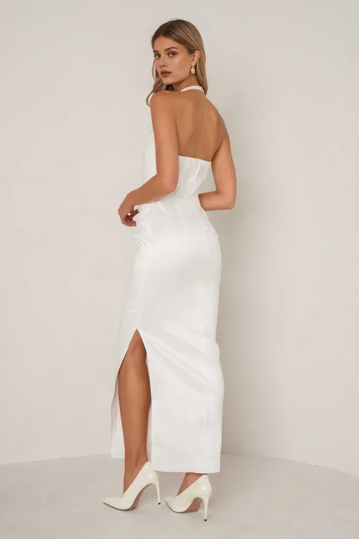 Simple Sheath Halter Neck Sleeveless Satin Ankle-Length Prom Dress