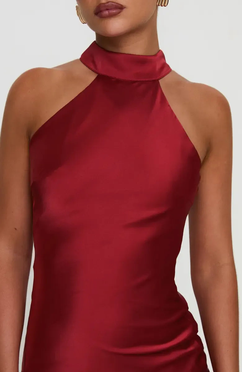 Simple Sheath Halter Neck Sleeveless Satin Ankle-Length Prom Dress