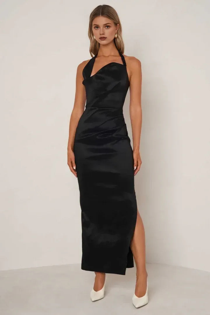Simple Sheath Halter Neck Sleeveless Satin Ankle-Length Prom Dress
