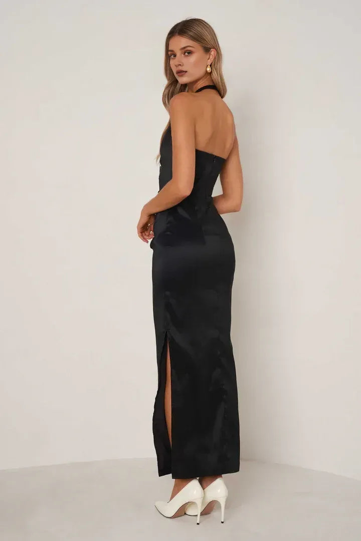 Simple Sheath Halter Neck Sleeveless Satin Ankle-Length Prom Dress