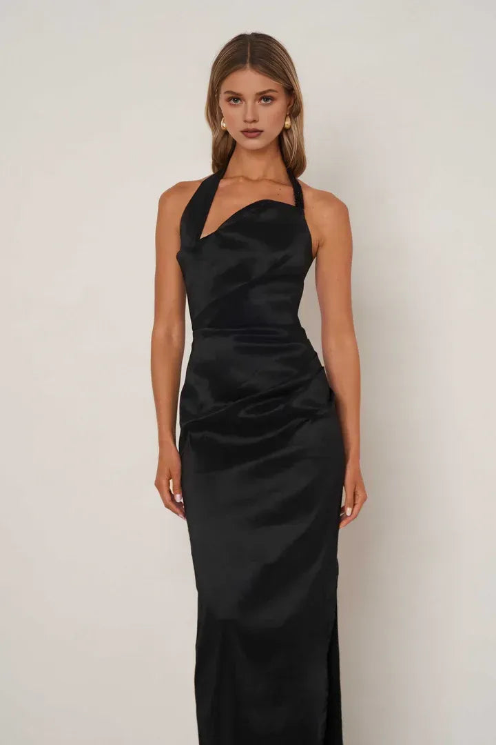 Simple Sheath Halter Neck Sleeveless Satin Ankle-Length Prom Dress