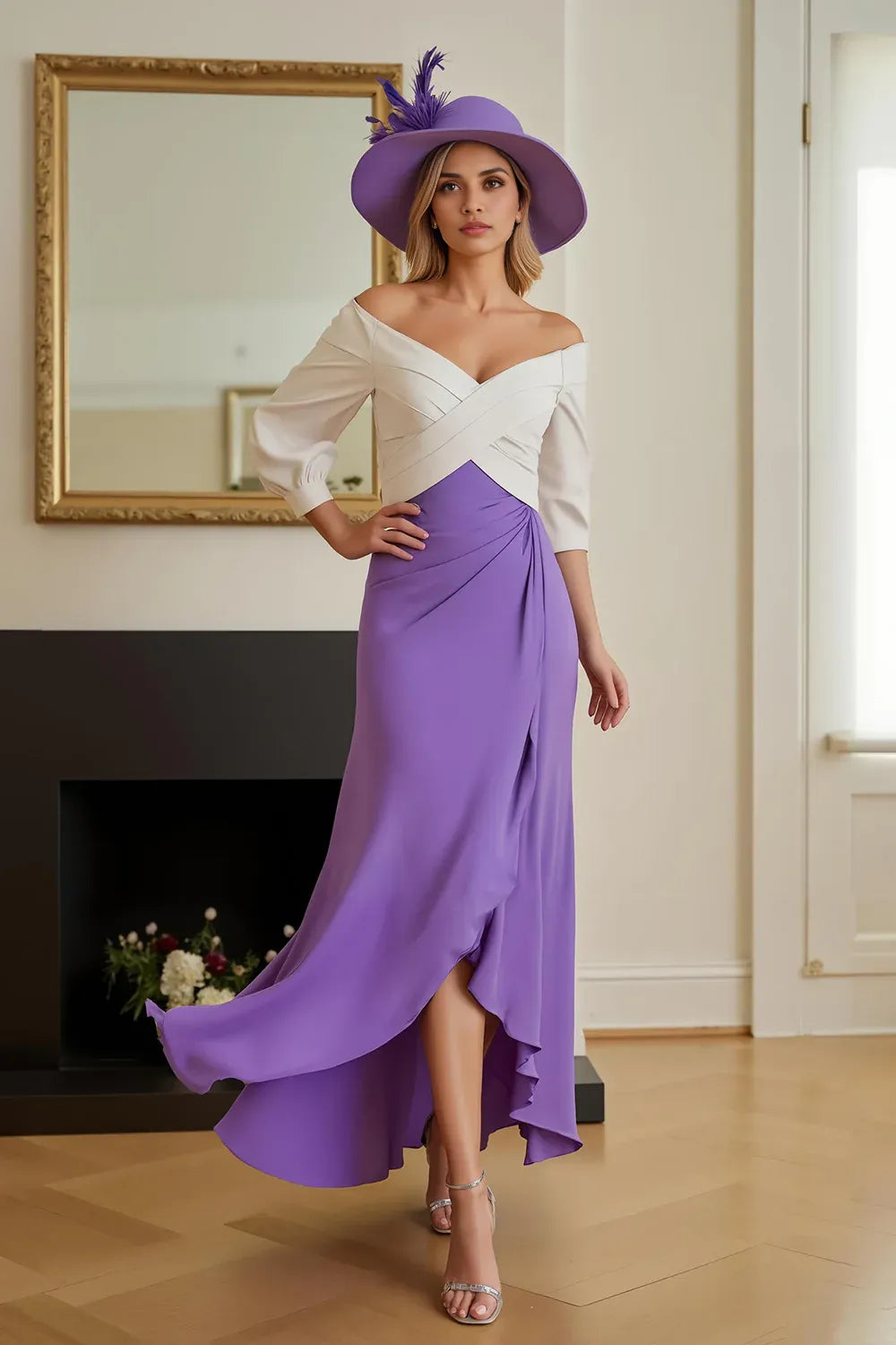 Simple Sheath Off The Shoulder Long Sleeve V Back Asymmetrical-Length Mother of the Bride Dress