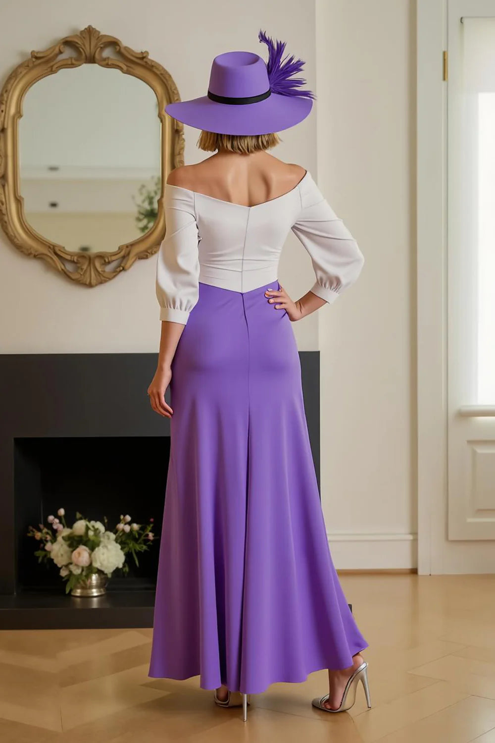 Simple Sheath Off The Shoulder Long Sleeve V Back Asymmetrical-Length Mother of the Bride Dress