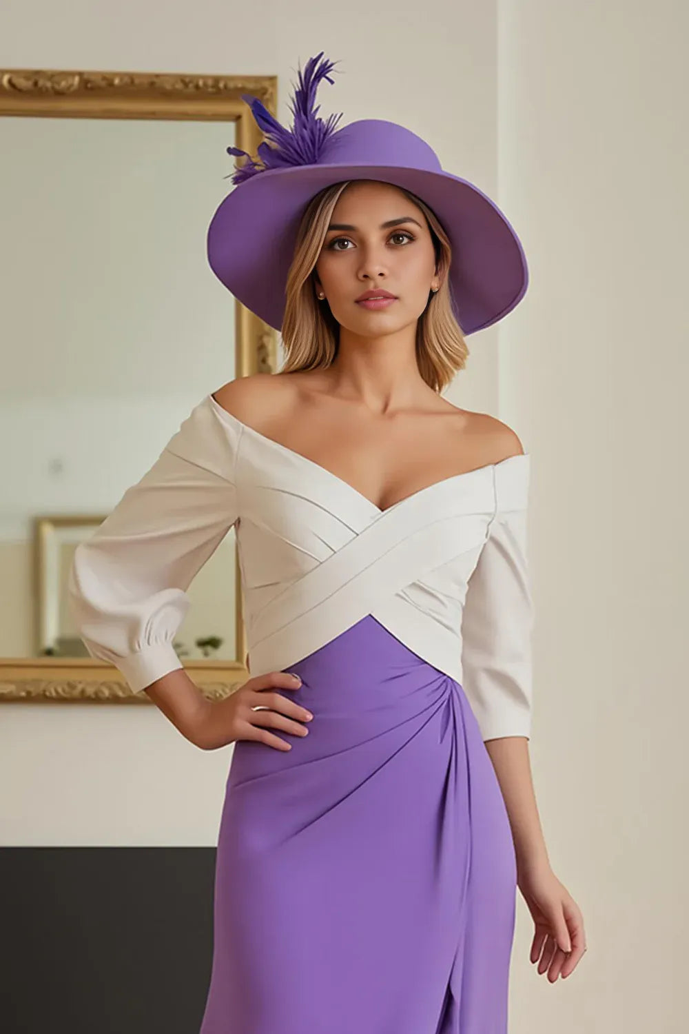 Simple Sheath Off The Shoulder Long Sleeve V Back Asymmetrical-Length Mother of the Bride Dress