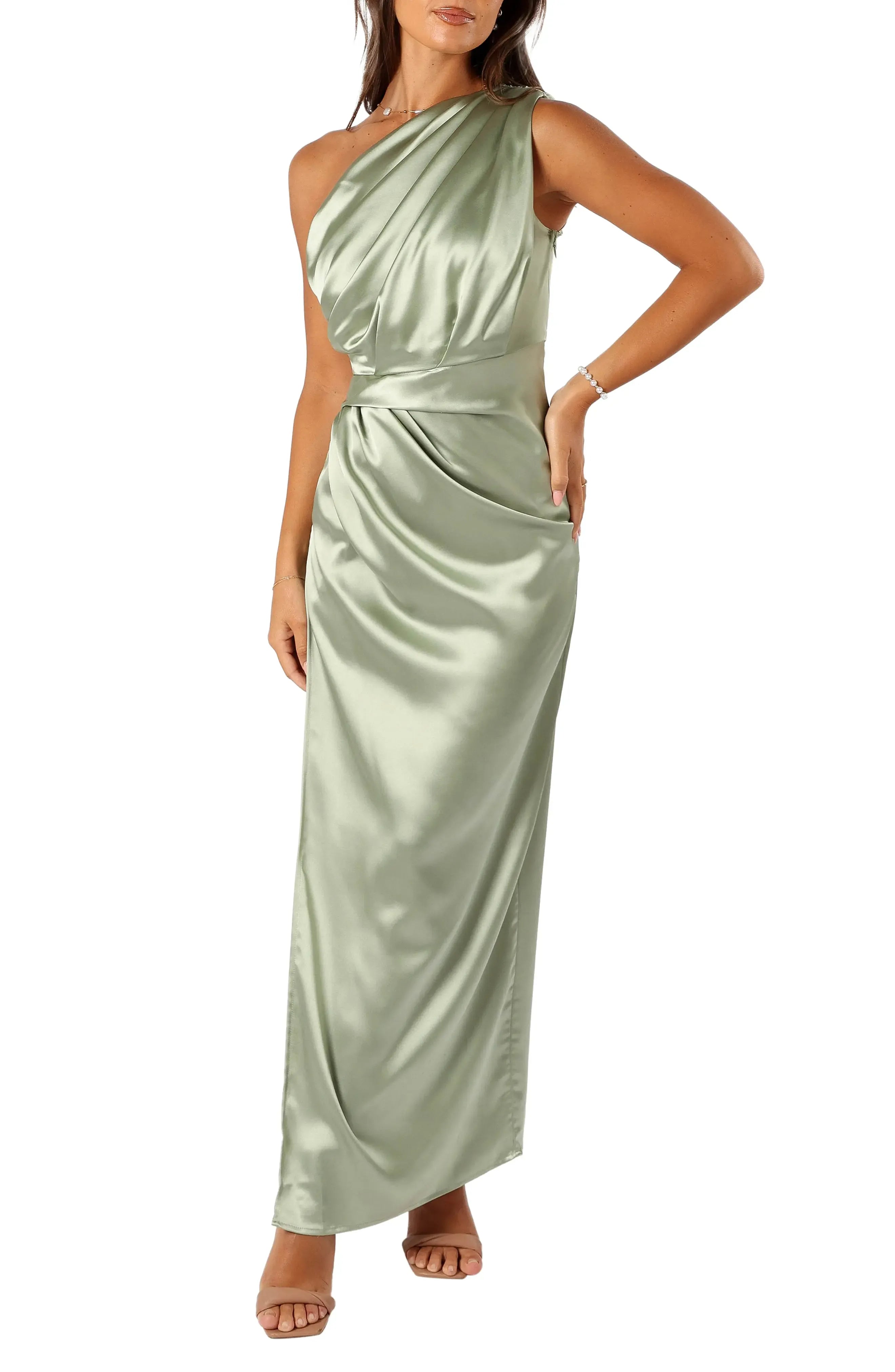 Unique Sheath One-Shoulder Sleeveless Satin Ankle-Length Prom Dress