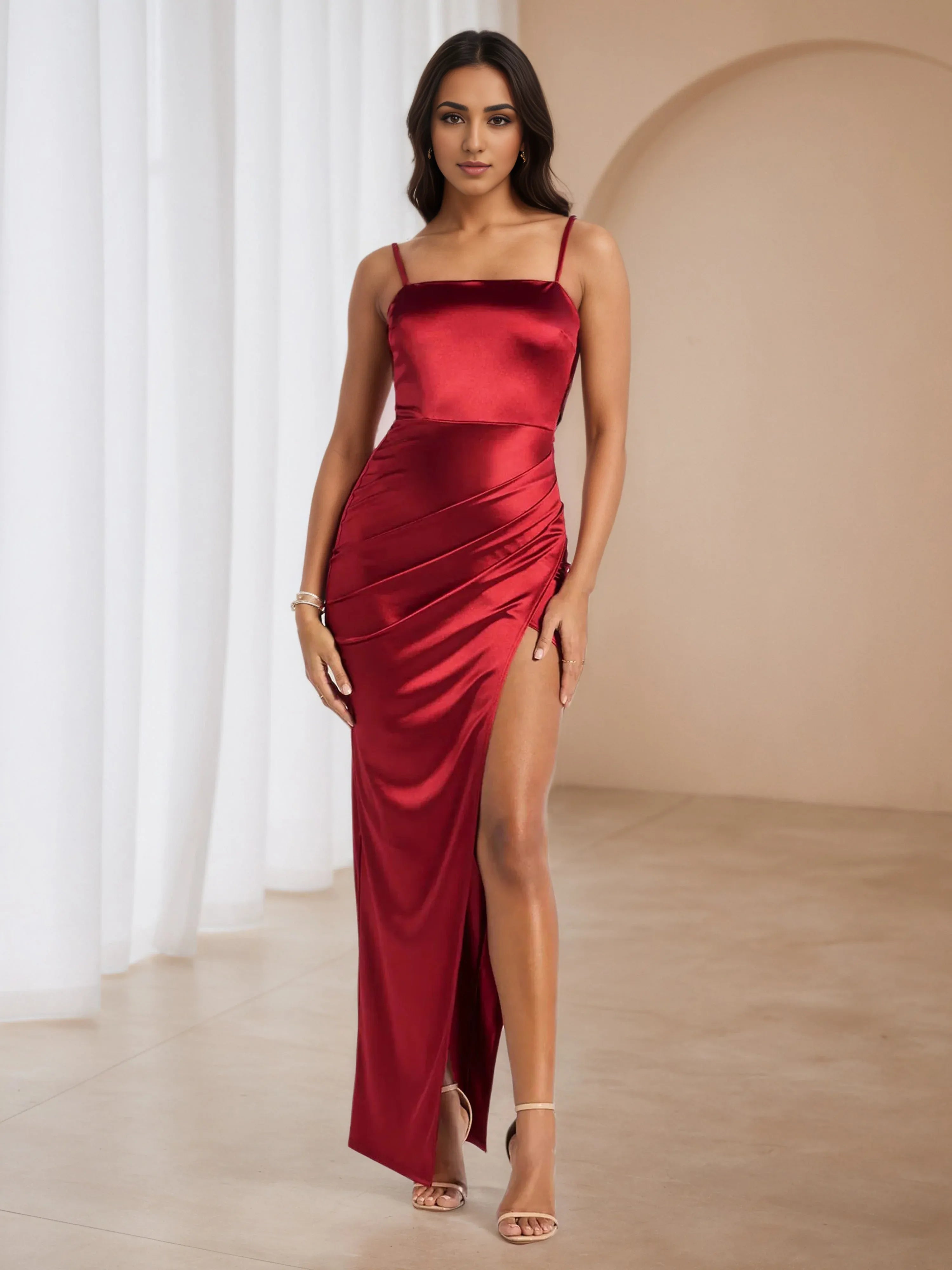 Simple Sheath Spaghetti Straps Sleeveless Backless Floor-Length Prom Dress
