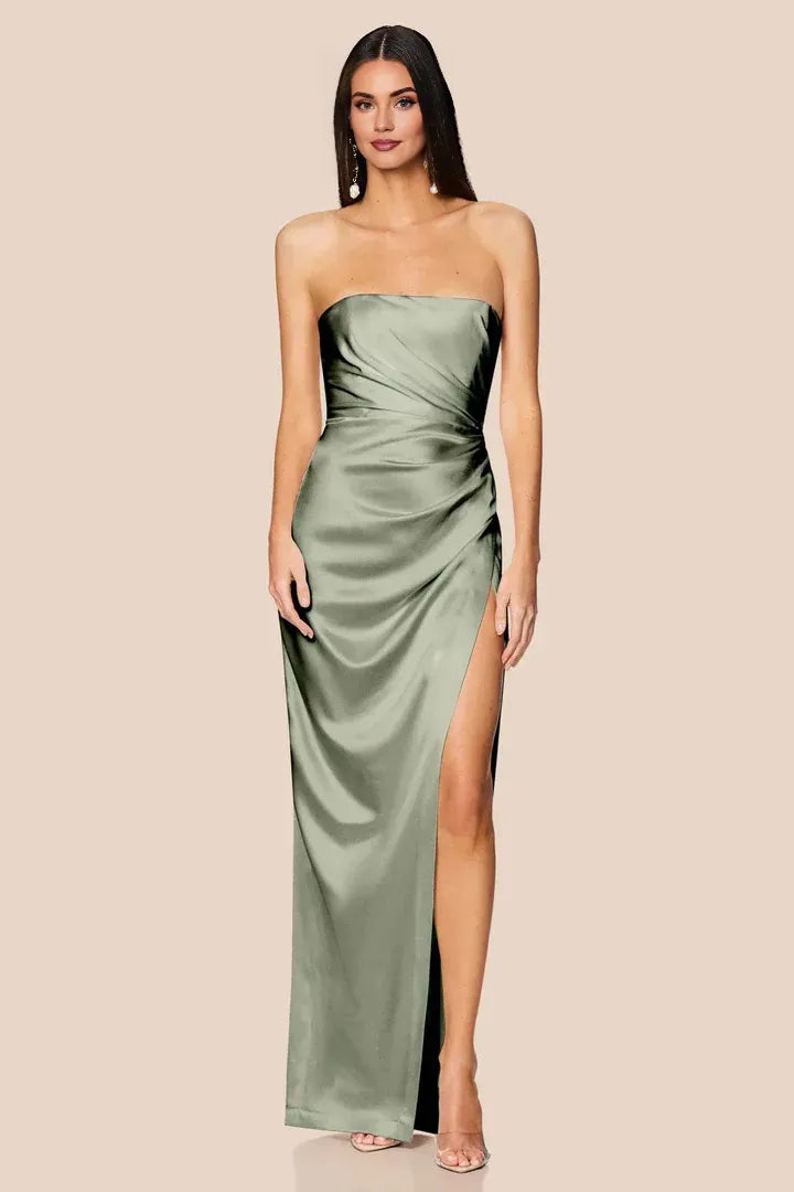 Simple Sheath Strapless Sleeveless Satin Floor-Length Prom Dress