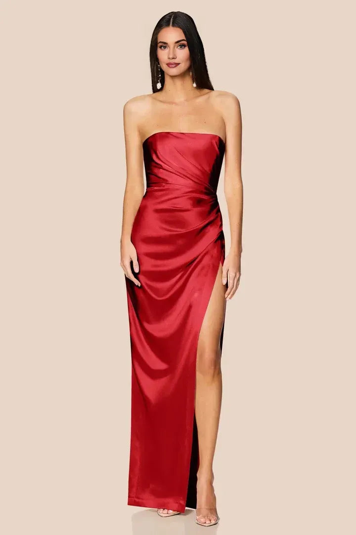 Simple Sheath Strapless Sleeveless Satin Floor-Length Prom Dress