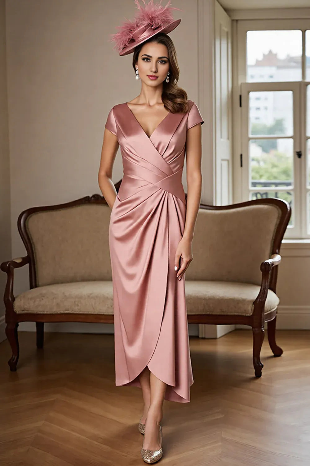 Simple Sheath V-Neck Cap Sleeve V Back Ankle-Length Mother of the Bride Dress