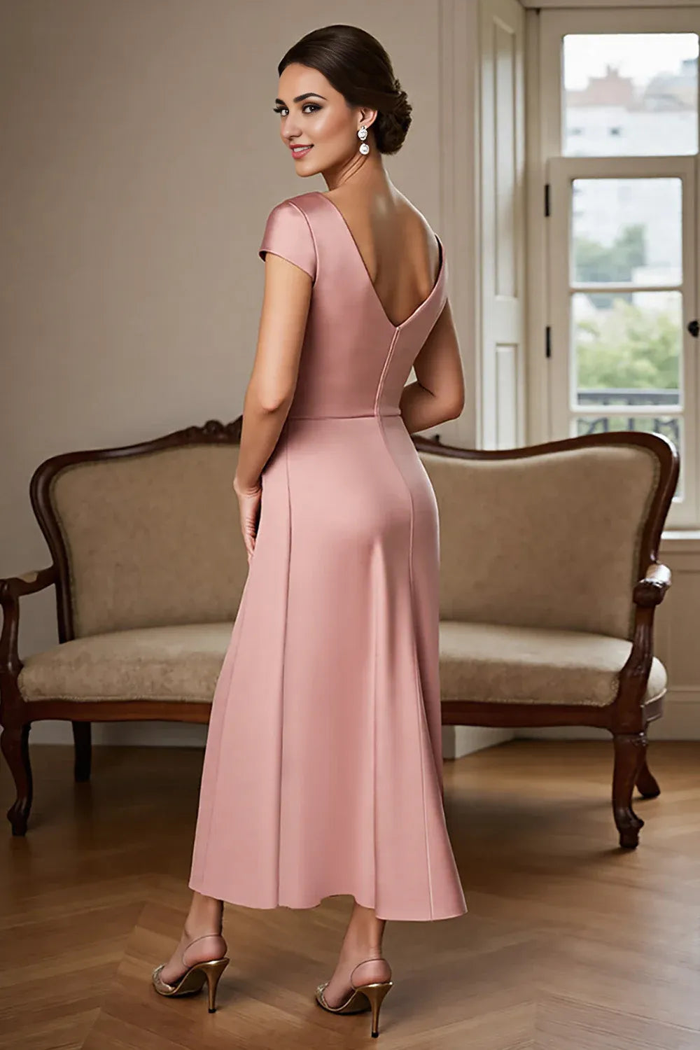 Simple Sheath V-Neck Cap Sleeve V Back Ankle-Length Mother of the Bride Dress