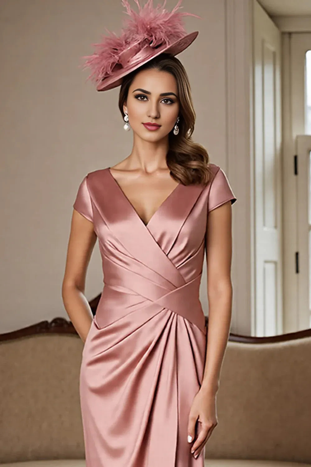 Simple Sheath V-Neck Cap Sleeve V Back Ankle-Length Mother of the Bride Dress