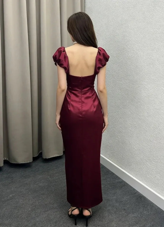 Simple Square Neck Puff Sleeve Sheath Satin Ruched Ankle-Length Evening Dress